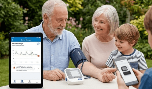 Un abuelo usa un tensiómetro de brazo digital OMRON con bluetooth conectado a una tablet, mientras su familia observa, ilustrando la duda de si un tensiómetro de brazo o muñeca cual es mejor para personas mayores.