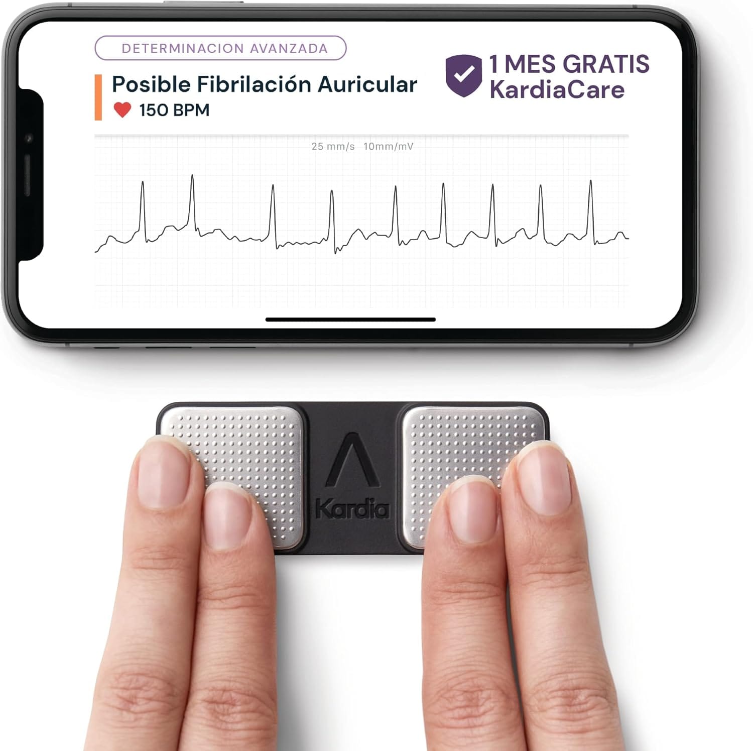 Aplicación móvil mostrando una alerta de posible fibrilación auricular en casa con 150 BPM.