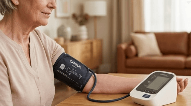 Una mujer mayor en su sala de estar se toma la tensión con un tensiómetro de brazo OMRON, con el manguito colocado correctamente, ejemplificando