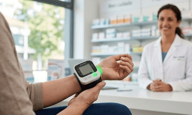 Una farmacéutica en su botica sonríe mientras un paciente usa un tensiómetro de muñeca con luz verde, demostrando que un tensiómetro de brazo o muñeca cual es mejor puede depender de la validación profesional.