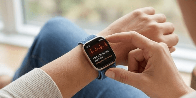 Persona utilizando la función de ECG de un Apple Watch para monitorizar la fibrilación auricular en casa.