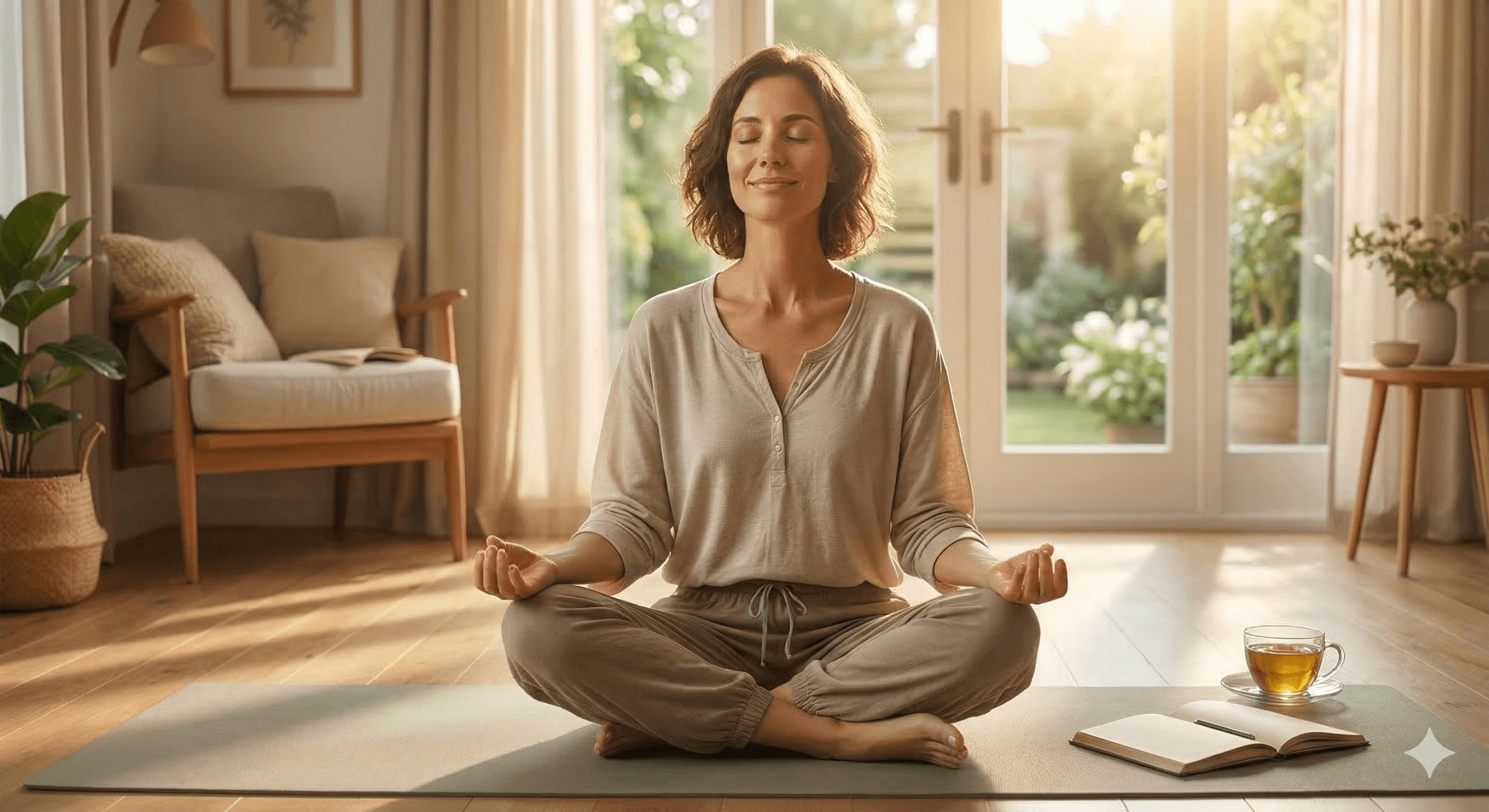 mejor ashwagandha farmacia Mujer practicando meditación en casa, representando los beneficios de la Ashwagandha para reducir el estrés y mejorar el descanso.