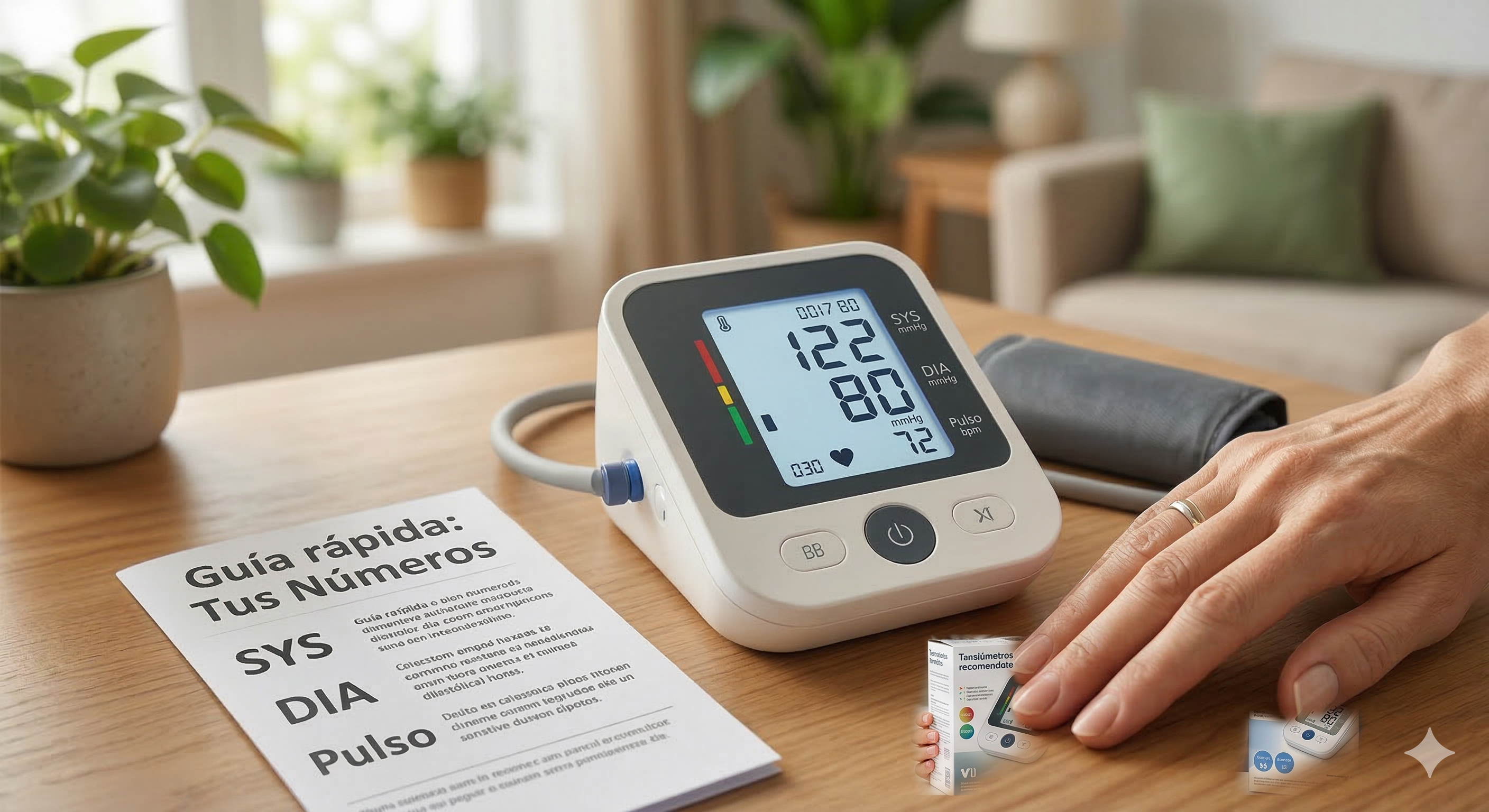 Tensiómetro digital en una mesa de madera con una guía impresa sobre cómo interpretar los valores SYS, DIA y Pulso.Tensiómetro de brazo mal