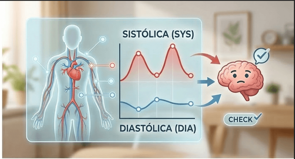Infografía médica que muestra la relación entre la presión sistólica (SYS) y diastólica (DIA) conectada al sistema cardiovascular y el cerebro para un chequeo de salud.