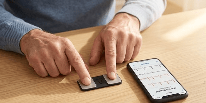 Uso del dispositivo KardiaMobile para realizar un ECG y detectar la fibrilación auricular en casa.