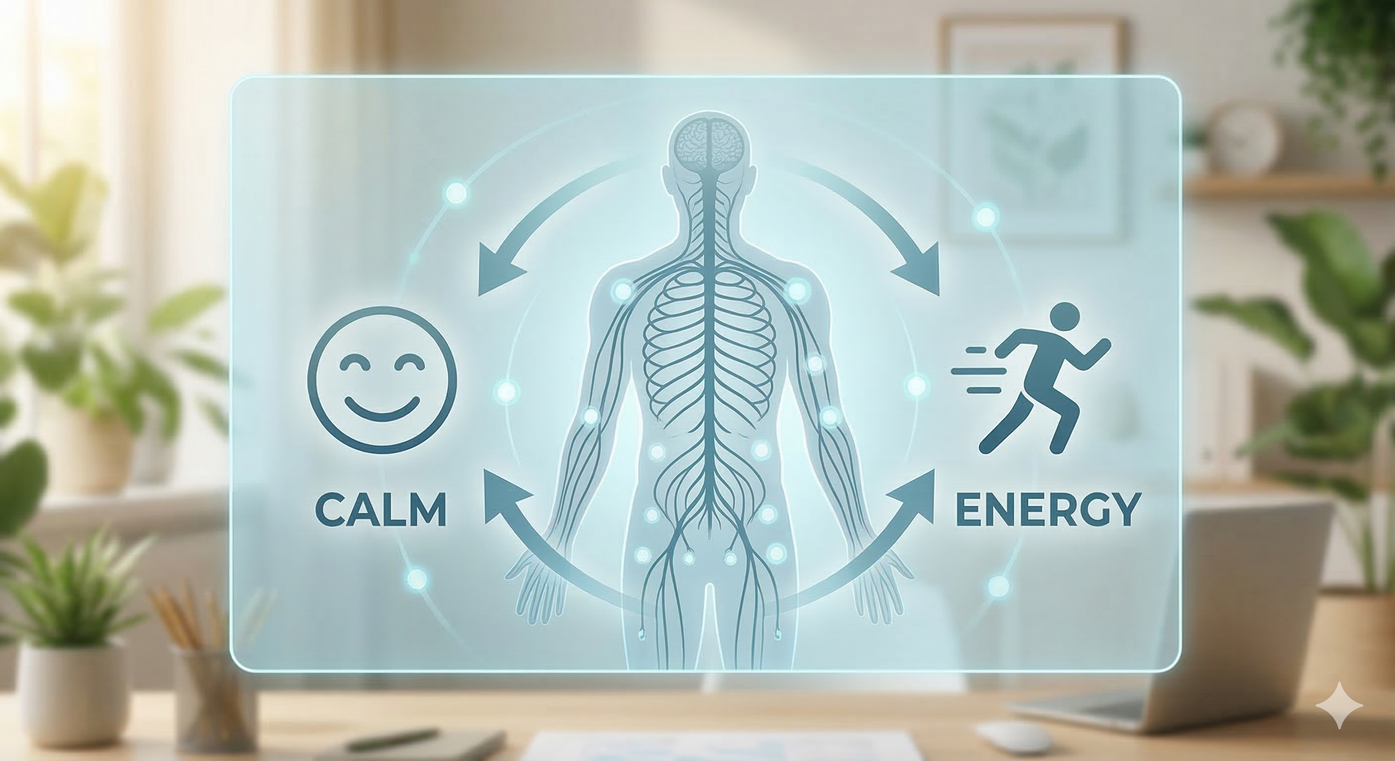 Gráfico explicativo sobre cómo la Ashwagandha equilibra el cortisol, aportando calma y energía al sistema nervioso.