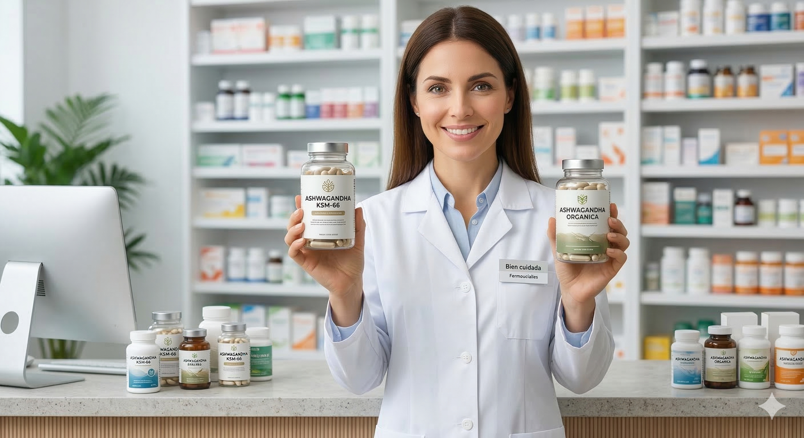 Técnica en farmacia mostrando suplementos de Ashwagandha KSM-66 y orgánica recomendados para comprar en Amazon.