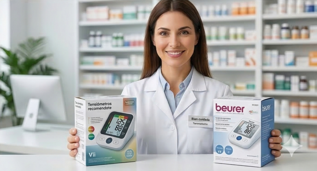 Técnica en farmacia de Bien Cuidada recomendando tensiómetros de brazo validados clínicamente disponibles en Amazon.