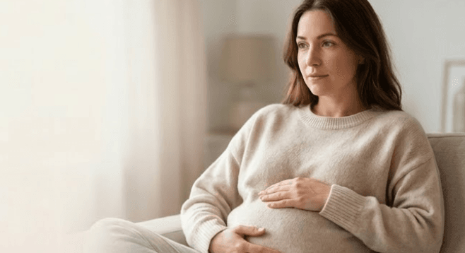 Mujer señalando su abdomen para encontrar el mejor probiótico para gases y vientre hinchado