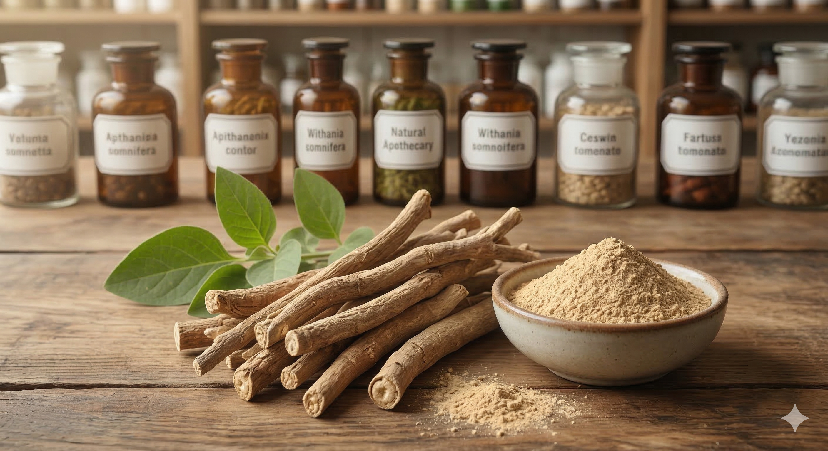 Raíces de Ashwagandha y extracto en polvo en un mostrador de farmacia antigua para el alivio del estrés.
